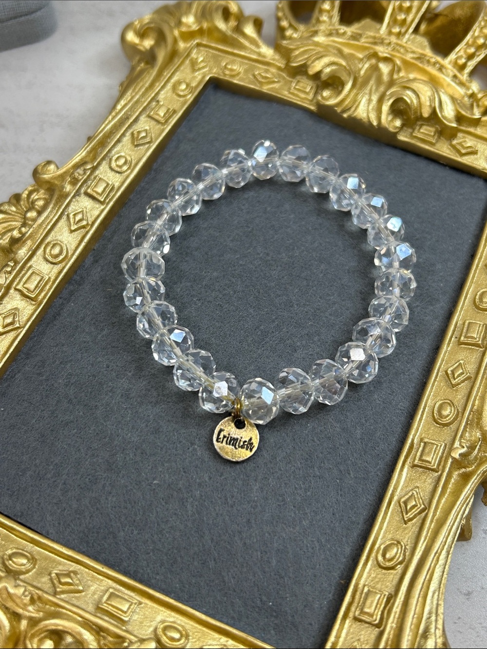 Erimish Clear Crystal Bead Stretch Bracelet with Gold Charm